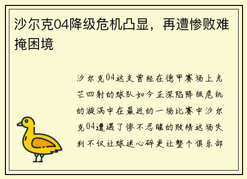 沙尔克04降级危机凸显，再遭惨败难掩困境